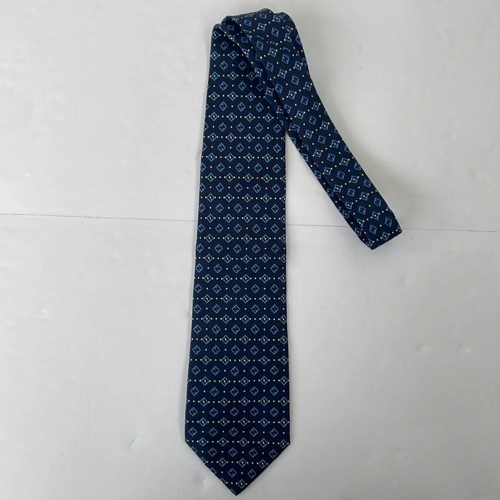 Fendi Cravatte Silk Tie Navy Blue with Light Blue Fendi Logo Yellow Dots